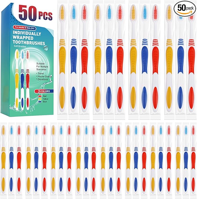Navona 50 PCS Individually Wrapped Bulk Toothbrush Pack, Disposable Toothbrush, Toothbrushes Bulk for Adults, Kids Toothbrushes, Soft Bristle, Ergonomics Handle, Perfect for Travel, Hotel, Donation