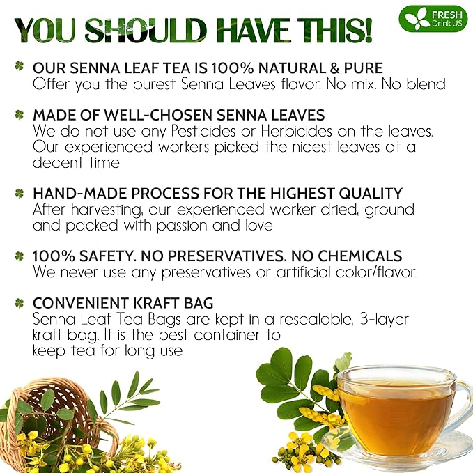 FreshDrinkUS, Premium 75 Senna Leaf Tea Bags, 100% Natural & Pure from Senna Leaves. Loose Leaf Senna Herbal Tea, Made with Natural Material Tea Bags. No Sugar, No Caffeine, No Gluten, Vegan.