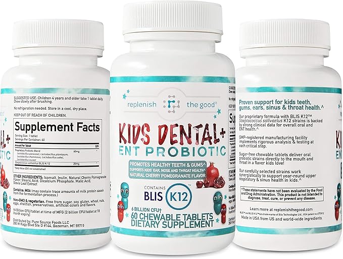 Children's Dental Probiotic Chewables - Digestive & Immune Support - Oral Probiotics for Healthy Teeth and Gums, Bad Breath & ENT Support - Cherry-Pomegranate Flavor (60 Count)