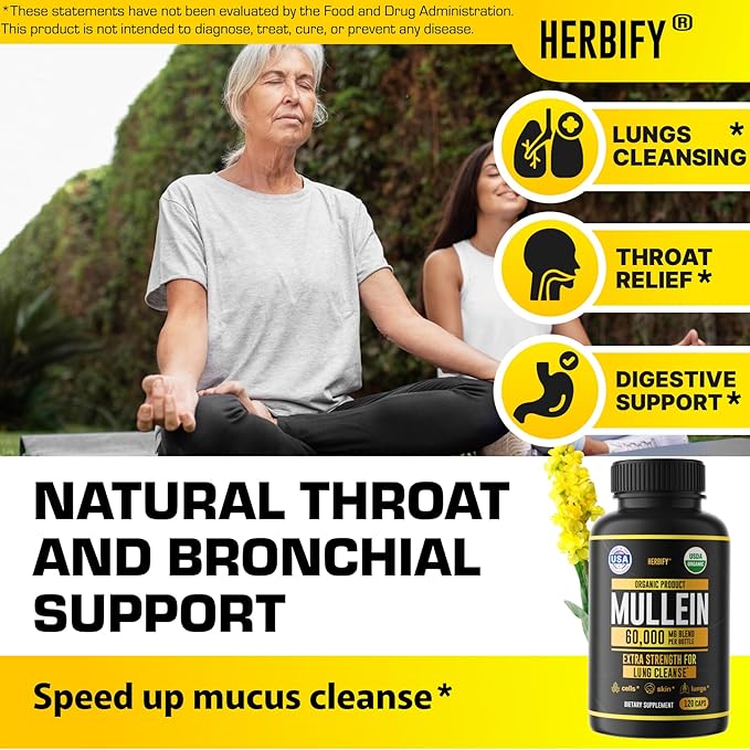 HERBIFY Mullein Capsules - Lung Cleanse - Leaf Extract - Powerful Mullein for Immune Support, Detox & Respiratory Support - Made in USA - Herbal Supplements - 120 Capsules
