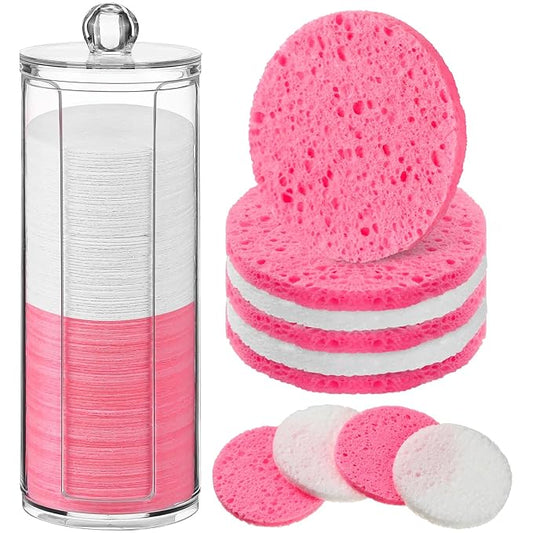 Sieral 120 Pcs Compressed Facial Sponges with Container Disposable Face Sponge Pads for Washing Face Cleansing Exfoliating Esthetician Makeup Removal(Round,White, Pink)