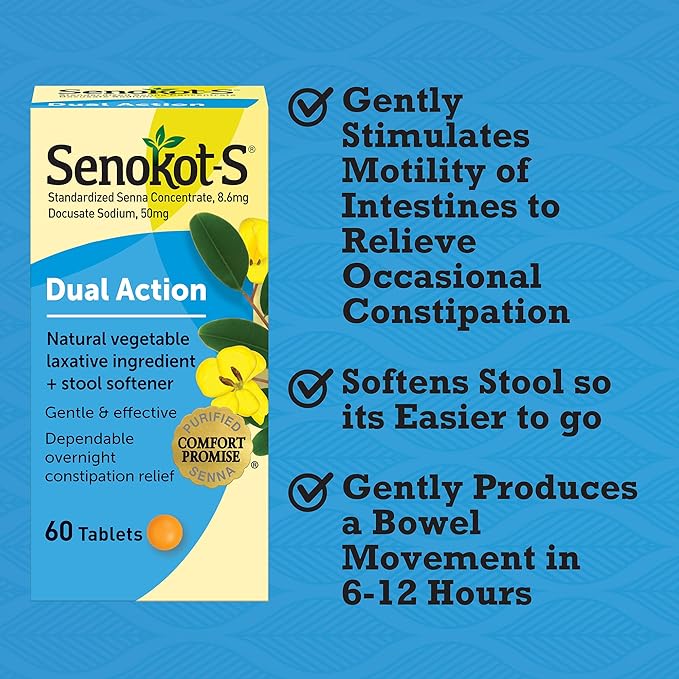 Senokot-S Dual Action Natural Vegetable Laxative Ingredient Plus Stool Softener Tablets, Docusate Sodium, Senna Concentrate, Gentle, Overnight Relief From Occasional Constipation, 60 ct