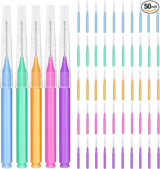 EasyHonor Braces Brush for Cleaner Interdental Brush Toothpick Dental Tooth Flossing Head Oral Dental Hygiene Flosser Toothpick Cleaners Tooth Cleaning Tool (5Colors,50pcs)