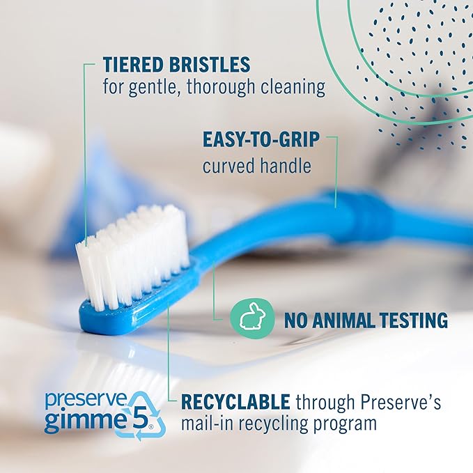 Preserve Eco Friendly Adult Toothbrushes, Made in The USA from Recycled Plastic, Lightweight Package, Soft Bristles, Colors Vary, 6 Pack
