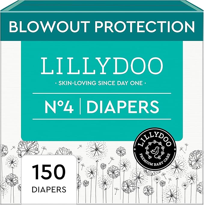 LILLYDOO Baby Diapers - Size 4 (20-31 lbs), Monthly Supply (150 Count), Leak Protection, Skin-Friendly, Ultrasoft, Perfume- & Chlorine-Free, Hypoallergenic, dermatologically Tested, Oeko-TEX®