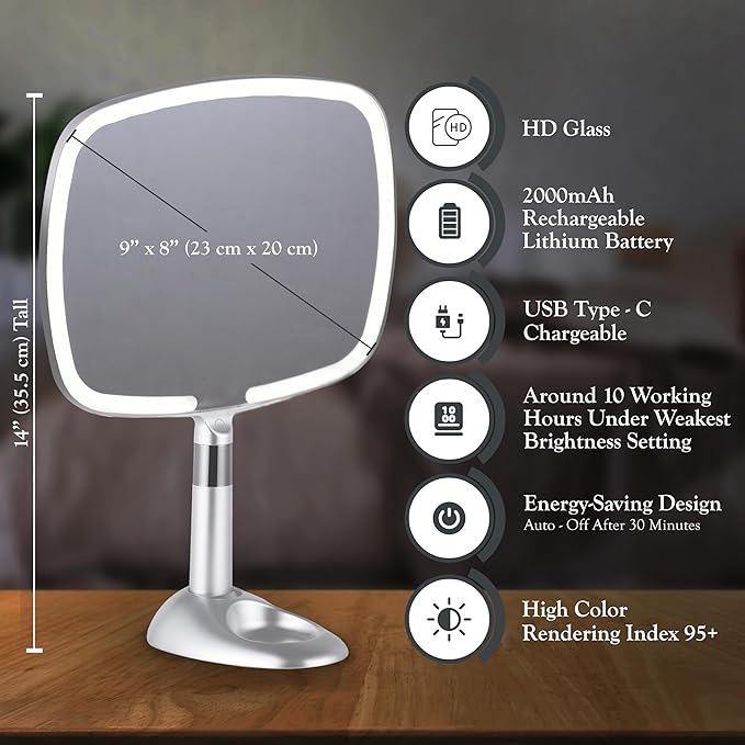 MIRRORVANA Lighted Travel Makeup Mirror - 2 in 1 Hand Mirror & Table Mirror with 3 Lighting Modes, Detachable Stand and Comfy Handle - 9" x 13" (Shiny Silver)