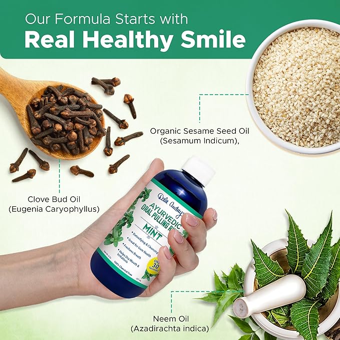 Ayurvedic Oil Pulling Mouthwash - Alcohol Free Mint Oral Rinse for Fresh Breath & Teeth Whitening | 8oz