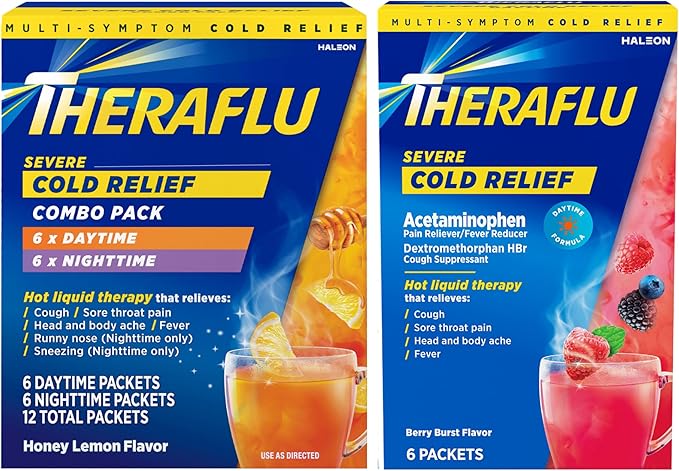 Theraflu Combo Daytime and Nighttime Severe Cold Relief Honey Lemon Flavor Powder_ and Daytime Severe Cold Relief Berry Burst Flavor Powder, _6 Daytime + 6 Nighttime, and 6 Berry Burst Powder Packets