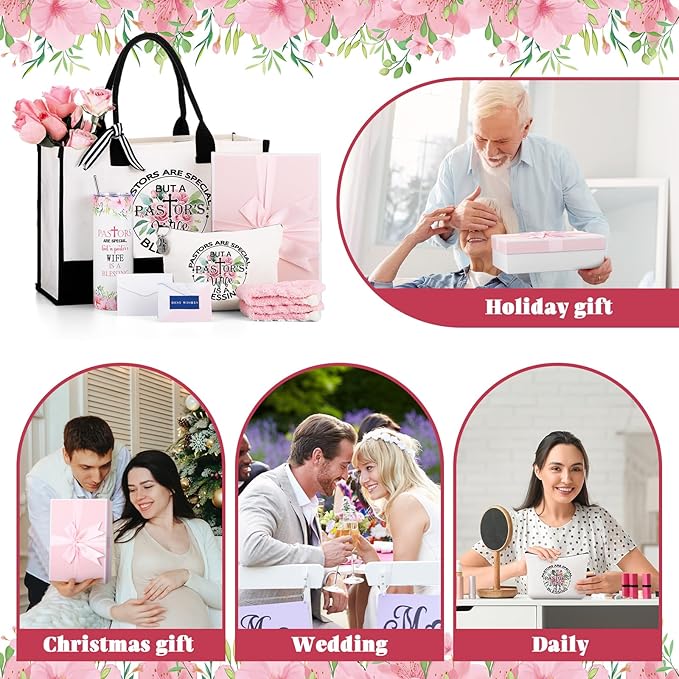 Geiserailie 8 Pcs Christmas Pastor's Wife Gifts for Women Including Large Tote Bag Cosmetic Bags Tumbler Cup Plush Socks Metal Keychain Card and Envelope for Pastor's Wife Thank You Gifts