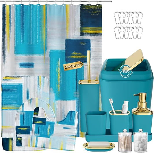 Bathroom Set - Teal Blue Bathroom Accessories Set, Bathroom Sets with Shower Curtain and Rugs, Teal Blue Shower Curtain Set with Bathroom Trash Can, Soap Dispenser, Soap Dish for Home Decor