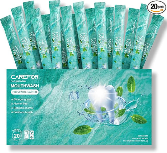 Mouthwash Travel Size - Portable Packets to Go, Alcohol & Fluoride Free Fresh Mint Mouthwash Strips for Superior Oral Hygiene,Disposable Packs (Pack of 20)