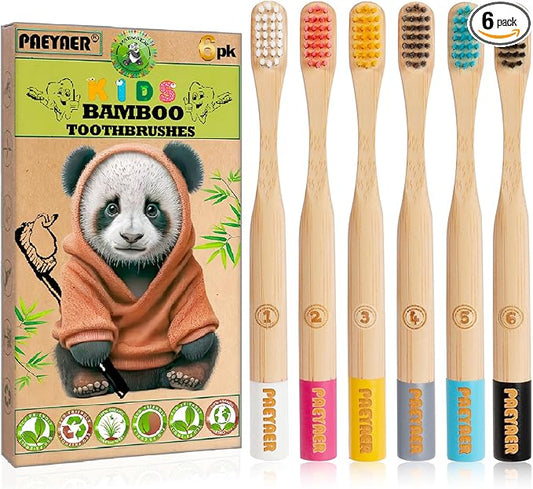 New Kids Bamboo Toothbrushes - 6 Pack, Organic Soft Bristle Toothbrush for Kids, Biodegradable Children's Toothbrushes (Toddler Toothbrush Ages 3-12, Multicolor)