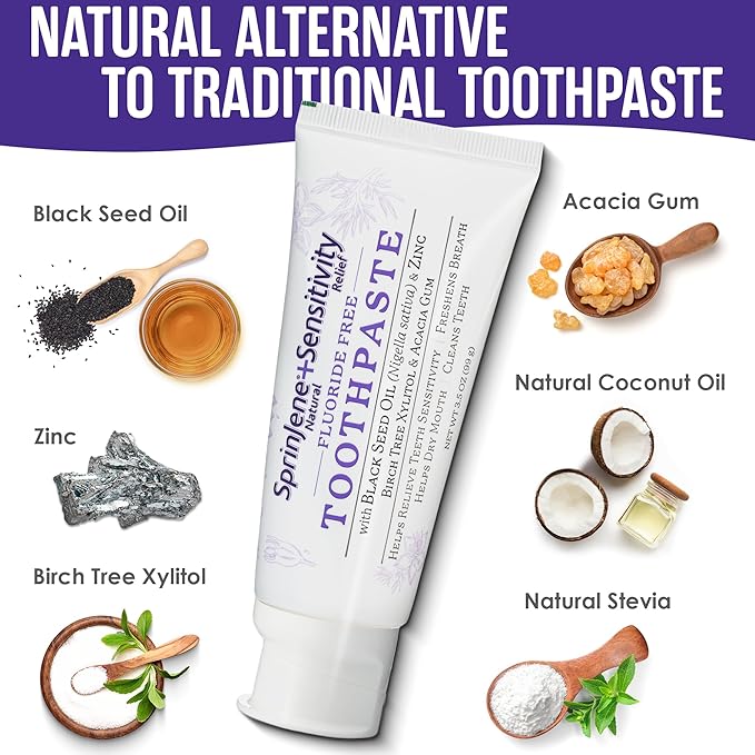 SprinJene Fluoride Free Toothpaste - Patented Natural Toothpaste with Black Seed Oil & Zinc - Made in The USA - Vegan Non Fluoride for Fresh Breath Preservative Free (2 Pack)
