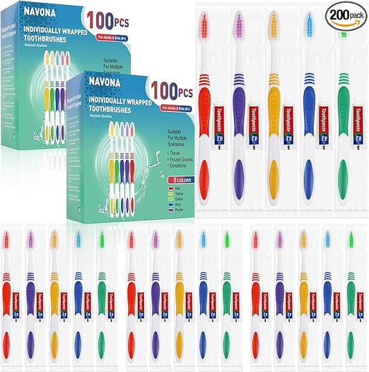 Navona 200 PCS Disposable Toothbrush with Toothpaste Bulk, Travel Toothpaste, Bulk Toothpastes, Individually Wrapped Bulk Toothbrush, Ergonomics Handle,Medium Soft Bristle, Perfect for Travel, Hotel