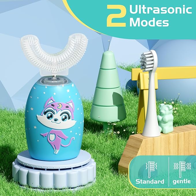Kids Toothbrush Electric, U Shaped Ultrasonic Automatic Toothbrush with 4 Brush Heads,2 Cleaning Modes, Cartoon Modeling Design for Kids, Age 2-12
