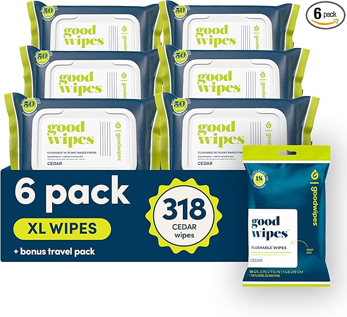 goodwipes Flushable Butt Wipes - Vitamin E & Aloe - Sewer & Septic Safe - Extra Large Adult Wet Wipes For Women & Men - Bathroom Essentials - Cedar, 318 Count (6 Packs + 1 Travel)