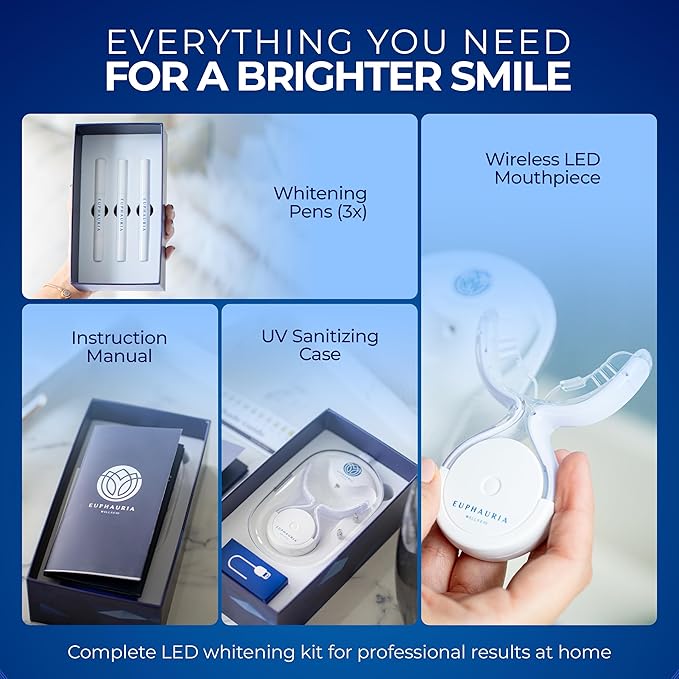 Premium Teeth Whitening Kit with a Rechargeable Wireless Red and Blue UV Whitening Spectrum LED Lights Accelerator Mouthpiece, a Sanitizing Travel Storage Case & Three 2 ml Whitening Gel Pen