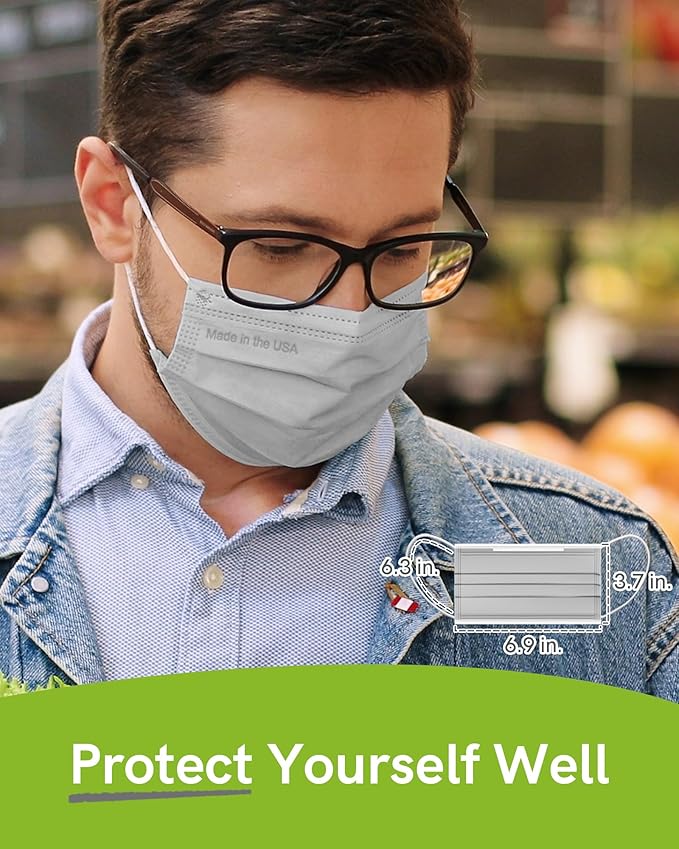 FriCARE Made in USA Disposable Face Masks, 3-Ply ASTM Level 3 Medical Grade, Breathable & Comfortable for Adult Daily Work/Sun Protection, 50 Pack Misty Morning