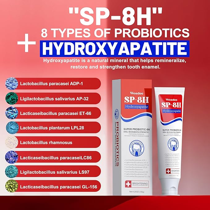 SP-8 Hydroxyapatite Probiotic Whitening Toothpaste, 8 Probiotics Plus Hydroxyapatite Formula for Teeth Whitening, Strengthening and Enamel Protection，Mint Flavor, Fresh Breath, Fluoride-Free (3)