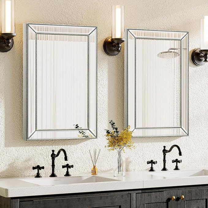 Bathroom Medicine Cabinet with Silver Metro Beaded Wooden Frame, 20x32 Inch Retro Bevel Mirror, Recessed or Surface Mount Bathroom Cabinet,Space-Saving Storage Cabinet