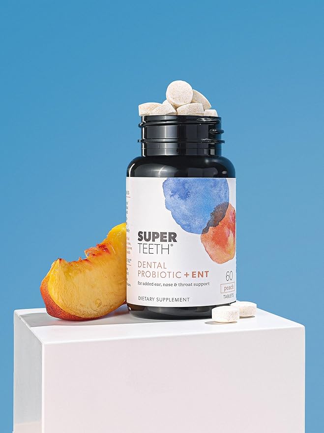 SUPER TEETH Chewable Dental Probiotic + ENT Protection for Kids & Adults | BLIS K12 + M18 Probiotics | Oral Health, Sinus, Throat & Immune Support | 60 Natural Peach Flavored Tablets