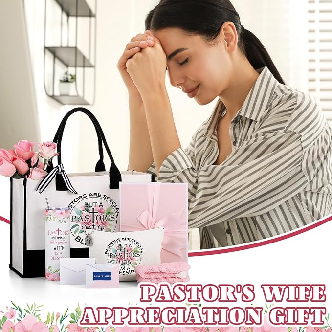 Geiserailie 8 Pcs Christmas Pastor's Wife Gifts for Women Including Large Tote Bag Cosmetic Bags Tumbler Cup Plush Socks Metal Keychain Card and Envelope for Pastor's Wife Thank You Gifts