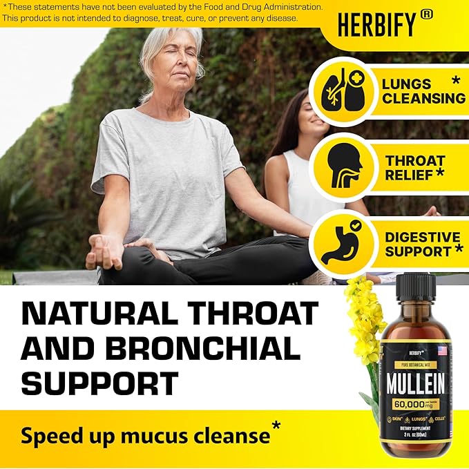 HERBIFY Mullein Extract 2 oz Tincture for Respiratory Health, Mullein Leaf and Flowers Blend (Verbascum Densiflorum)