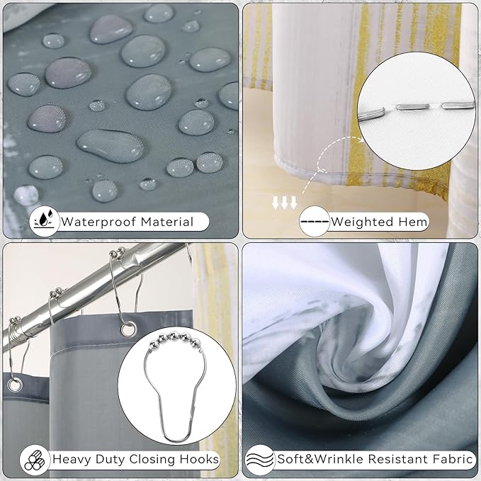 Bathroom Set - Grey and Gold Bathroom Accessories Set, Bathroom Sets with Shower Curtain and Rugs, Grey Shower Curtain Set with Bathroom Trash Can, Soap Dispenser, Soap Dish for Home Decor