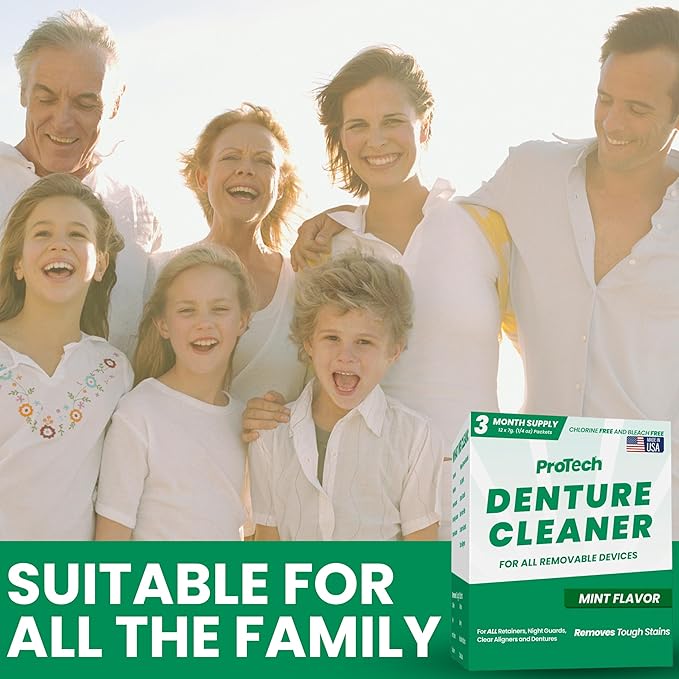 Protech Denture Cleaner 7g (3-Month Supply) Denture Cleanser Foils for Retainers, Nightguards, Mouthguards, and Dentures, Nicotine, Coffee and Iron Cleaning Foils, No Tablets, Long Lasting Packets