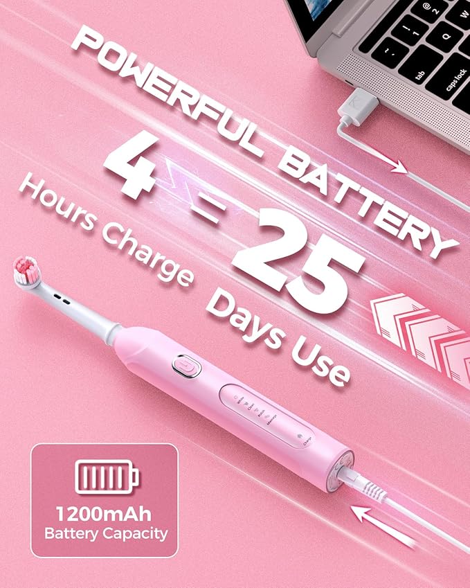 TEETHEORY Rotating Electric Toothbrush for Adults with 8 Brush Heads (2 Types), 4 Modes Deep Clean Electric Toothbrush with Rechargeable Power and 2 Min Smart Timer (2- Cherryblompink, p1)