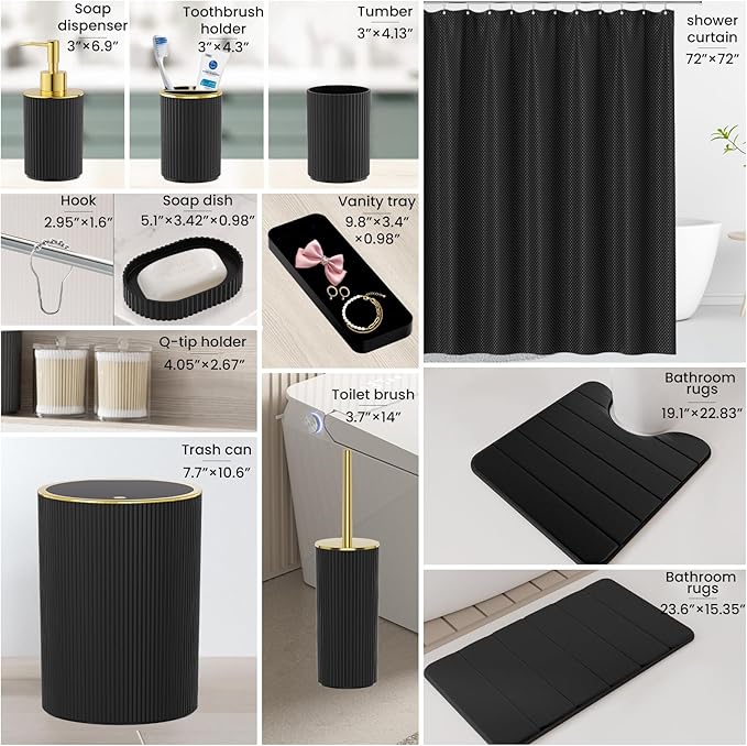 Black Gold Bathroom Accessories Set - Bathroom Sets, 25PC Bath Accessory Set, Bathroom Sets with Push Top Trash Can, Shower Curtain and Rugs, Toilet Brush, Trash Can & Soap Dispenser