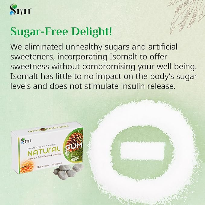 Sayan Sugar Free All Natural Gum, Siberian Pine Tree Resin and Beeswax Chewing Gum for Fresh Breath, Vegetarian, Non-GMO, No Sugar, Gluten Free, Aspartame Free, No Preservatives - 3 Packs (48 Pieces)