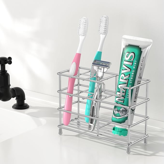 HBlife Medium Toothbrush Holder for Bathroom, 7 Slots Silver Stainless Steel Bathroom Accessories Organizer for Small Spaces