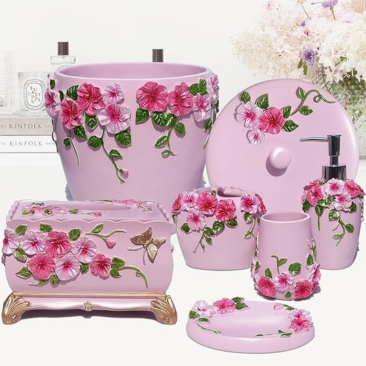 LUANT Vintage Pink Bathroom Accessories, 5Piece Bathroom Accessories Set, Bathroom Set Features, Soap Dispenser, Toothbrush Holder, Tumbler & Soap Dish - Bath Gift Set (6 PCS Pink)