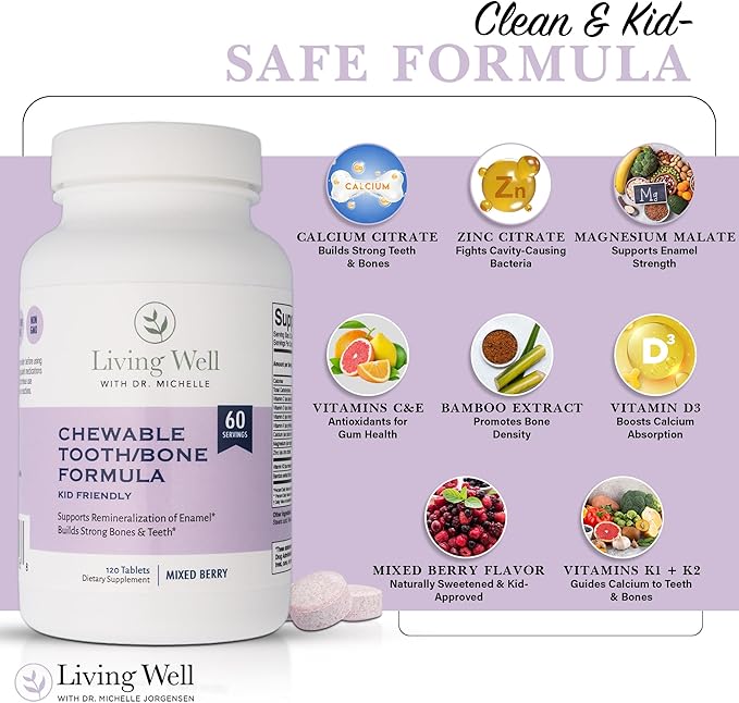 Living Well with Dr. Michelle Kids Tooth & Bone Supplement – Chewable for Strong Teeth & Cavity Defense – Calcium, D3, K2, Magnesium, Zinc – Ages 4+ – Mixed Berry Flavor – Fluoride-Free, Non-GMO