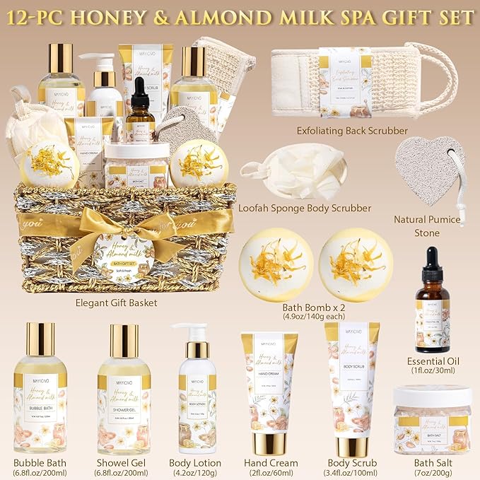 Birthday Gifts for Women, Honey & Almond Milk Relaxing Spa Gift Baskets for Women Self Care Package Bath Gift Set, Home Bath and Body Kit Pamper Valentines Day Gifts for Her Womens Mom Friends Sister