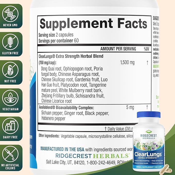 RidgeCrest Herbals ClearLungs Extra Strength, Natural Lung, Nasal Health Formula, Bronchial, Respiratory, Sinus, Mucus Support (120 Caps, 60 Serv)