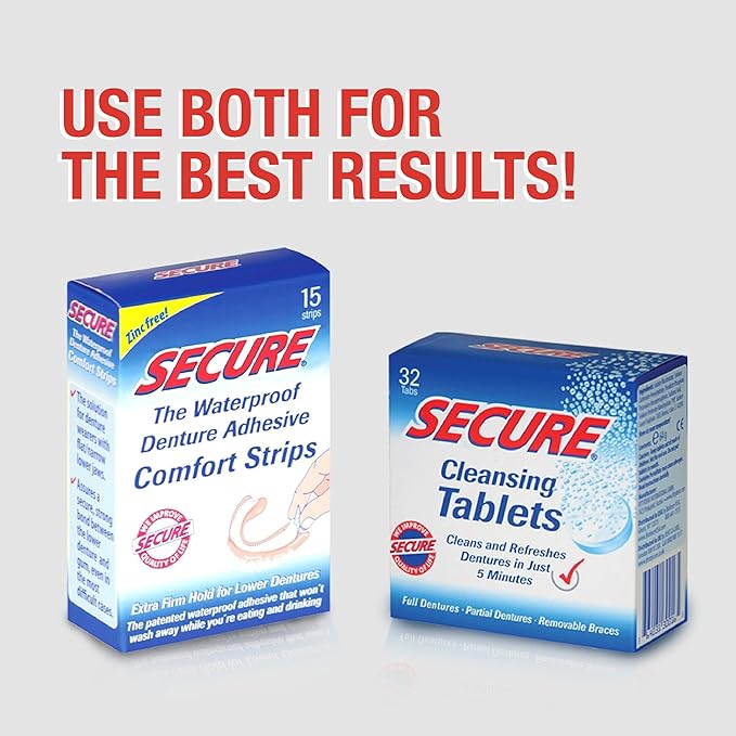 Secure Denture Adhesive Strips – Zinc Free – Waterproof – Comfortable Cushion Fit for Lowers – Extra Firm All-Day-Hold – No Mess – Clean Ingredients - 30 Strips (2 Pack)