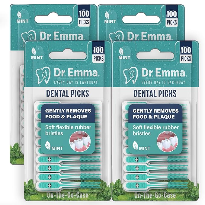 Dr. Emma Soft Rubberized Dental Picks Mint Brush Picks, 100 Count (4 Packs, Mint)