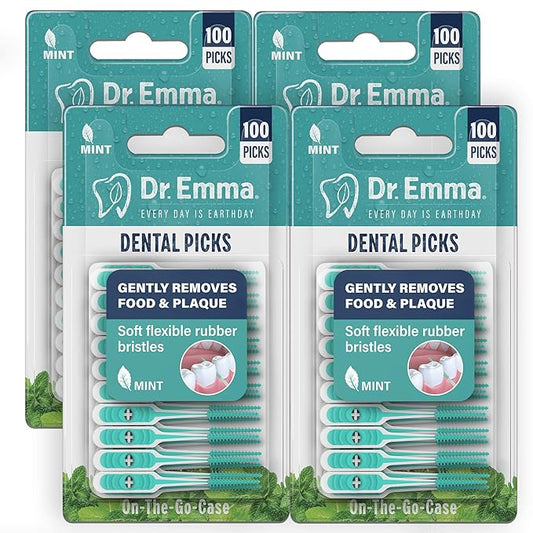 Dr. Emma Soft Rubberized Dental Picks Mint Brush Picks, 100 Count (4 Packs, Mint)
