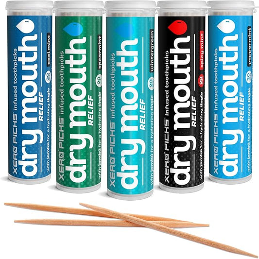 Xero Picks Infused Tooth Picks for Long-Lasting Fresh Breath & Dry Mouth Prevention - 20 Picks (Variety Mints, 5 Pack)-Spearmint, Cool Mint, Wintergreen, Peppermint, Spicy Mint