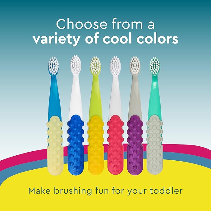 RADIUS Children's Toothbrush, Totz Plus Brush, Extra Soft Bristles, White/Green/Lightblue, BPA Free & ADA Accepted, for Delicate Teeth & Gums for Children 3 Years & Up, Pack of 3