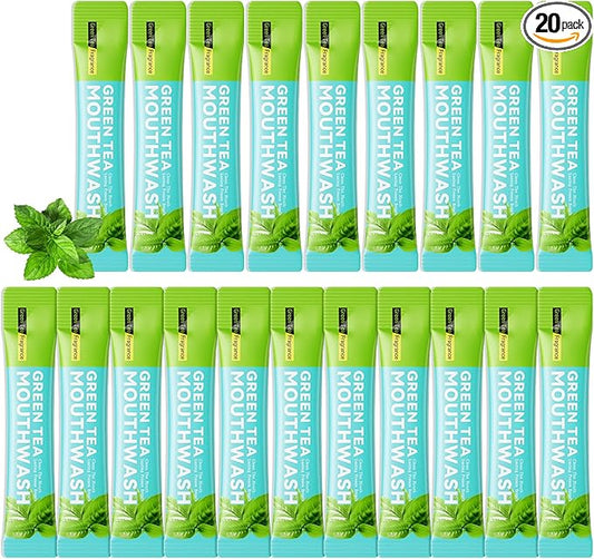 Mini Mouthwash Travel Size,Green Tea Flavor Portable Individual Travel Mouth Wash for Fresh Breath, Refreshing Long Lasting Gentle Oral Care Mouthwash Packs(Pack of 20)