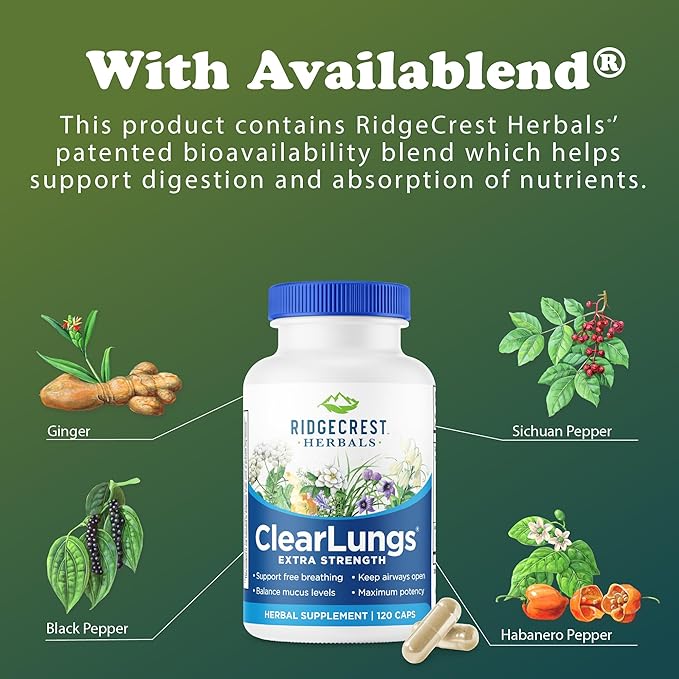 RidgeCrest Herbals ClearLungs Extra Strength, Natural Lung, Nasal Health Formula, Bronchial, Respiratory, Sinus, Mucus Support (120 Caps, 60 Serv)