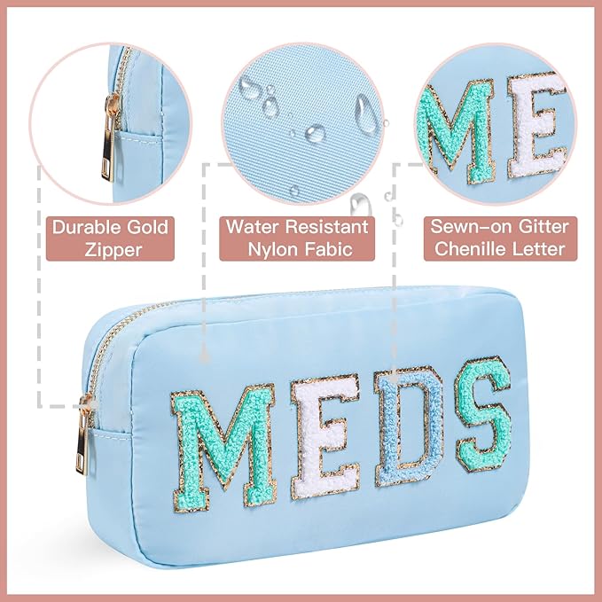 Personalized Chenille Letter Patch MEDS Bag,Cute Nylon Drug Medicine Travel Makeup Bag with Zipper, Preppy Vitamin Organizer Bag for Women and Girls (05Light Blue)