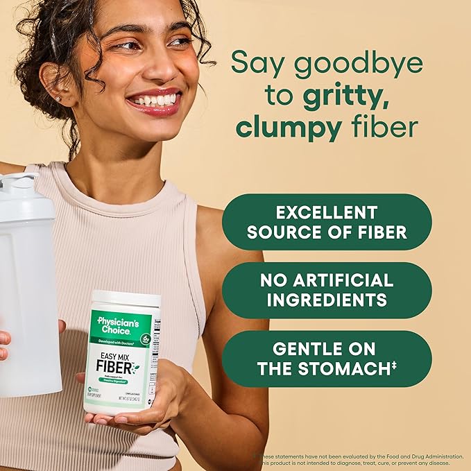 Physician's CHOICE Easy Mix Fiber for Digestive Health & Regularity - No Grit, Sugar Free, & Tasteless - Daily Prebiotic Soluble Fiber Powder Supplement for Women and Men - Unflavored - 5.7oz