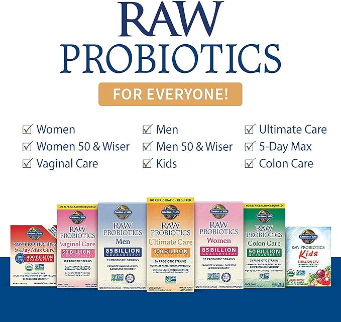 Garden of Life Probiotics for Women and Men - Raw Probiotics Ultimate Care 100 Billion CFU Probiotic Supplement, Daily Probiotic for Adults with Digestive Enzymes, 30 Capsules