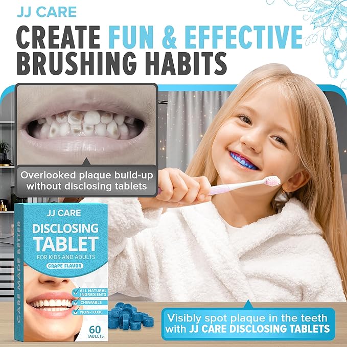 JJ Care Disclosing Tablets for Kids - 60 Count, Individually Wrapped Plaque Disclosing Tablets for Kids Brushing Teeth, Grape Flavored Plaque Remover, Dental Care for Teeth Brushing