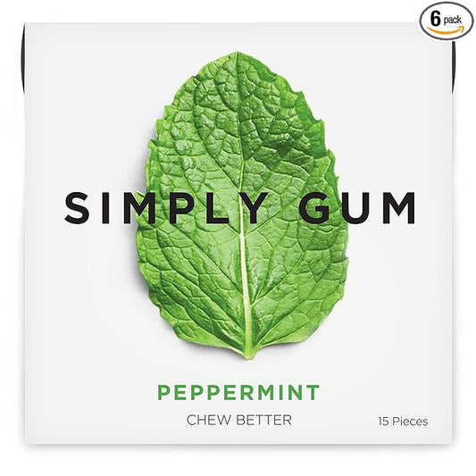 SIMPLY Gum Peppermint, Plastic-Free Natural Chewing Gum, 6 Pack (90 Pieces) | Vegan, Kosher, Non GMO, Aspartame Free and Sorbitol Free