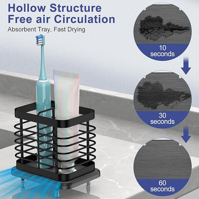 Toothbrush Holders for Bathroom, Adhesive Electric Toothbrush Holder with Fast Dry Tray Wall Mounted Toothbrush Holder Shower Toothpaste Bathroom Organizer Essentials, 2 Slots, Black
